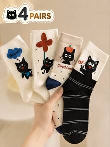 4Pairs Autumn New Minimalist Sweet Design Cartoon Cat Heel Follow Versatile Highly Attractive Mid-Calf Socks - Multicolor - View 3
