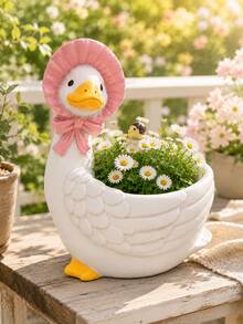 Cute Goose Planter With Pink Hat And Small Chick, Perfect For Planting Daisies, Succulents And Small Plants, Rustic Garden Decor For Patio, Porch, Balcony, Yard Or Windowsill - C - View 7