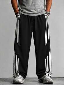 Krometka Men's Side 3 White Stripe Patchwork Wide Leg Sports Pants, Small Logo Embroidered Drawstring Elastic Waist Straight Leg Casual Long Pants - Black - View 4