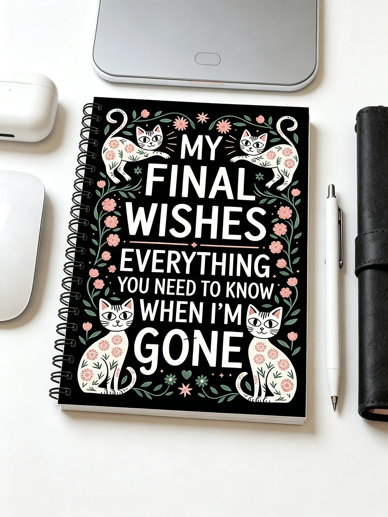 End-Of-Life Care Planning Spiral Notebook - "My Last Wishes" Will, Preparation & Funeral Planning Guide Manual - Mixed Floral Pattern With Cat Elements, Paper Material No Power Required, Compassionate Bereavement Gift, Practical Funeral Planning Tool | Elegant Planning Book | Durable Spiral Binding, Memorial Album - Multicolor - View 1
