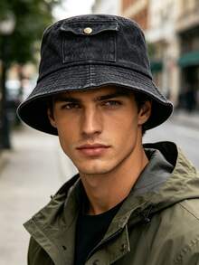 1pc Vintage Denim Short Brim Pocket Hat, Windproof, Sun Protection, UV Protection, 3D Design, Foldable, Fashionable, Versatile, Elegant, Soft And Comfortable, Breathable, Multi-Functional, Flattering, Face-Slimming, Suitable For Beach, Outing, Hiking, Cycling, Travel, Commuting, Outdoor, Street, Dating, Trekking And Various Occasions - A - View 3