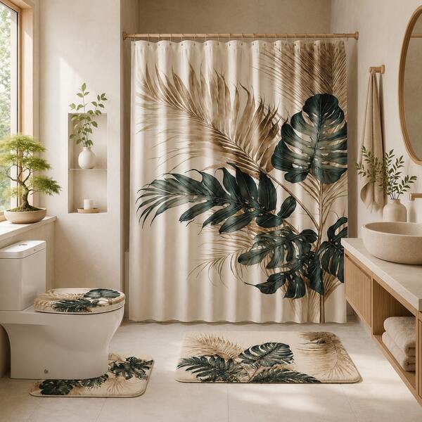 1/4 piezas Juego de baño con tema de hojas tropicales doradas y verdes, incluye cortina de ducha, alfombra de baño, alfombra en forma de U para el inodoro, tapa del inodoro, cortina de ducha impermeable, cortina de moda para la decoración del baño, cortina divisoria de baño de estilo moderno, sin necesidad de perforar, hecho de poliéster, lavable a máquina
