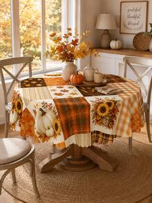 Autumn Pumpkin Sunflower Patchwork Print Tablecloth, Fall Home Decor, Thanksgiving Tablecloth, Rustic Farmhouse Style Tabletop Decoration, Vintage Plaid Leaf Wheat Pattern Tablecloth, Kitchen Dining Room Holiday Party Protective Decorative Table Mat - Multicolor - View 8