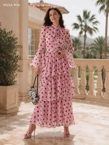 Pink Polka Dot Chiffon Maxi Dress, High Neck Bow Detail Long Sleeve Tiered Ruffle Dress For Women - 粉色 - 查看 8