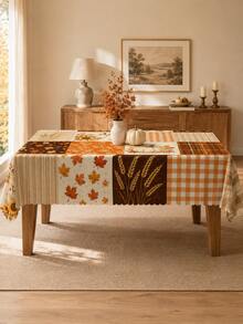 Autumn Pumpkin Sunflower Patchwork Print Tablecloth, Fall Home Decor, Thanksgiving Tablecloth, Rustic Farmhouse Style Tabletop Decoration, Vintage Plaid Leaf Wheat Pattern Tablecloth, Kitchen Dining Room Holiday Party Protective Decorative Table Mat - Multicolor - View 5
