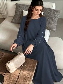 1pc Women's Daily Commute Versatile Abaya Dress With Drawstring Cuffs And Beaded Design, Suitable For Daily Outings And Friends Gatherings - Multicolor - View 38