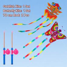 BSKT 2pcs Multi-Color Mini Handheld Fishing Rod Kite, Outdoor Lawn Open Space Leisure Flying Play, Outdoor Leisure Sports Crowd, Lightweight Fiberglass Rod Frame, Waterproof Printed Polyester Fabric, Integrated Handheld Fishing Rod Bracket, Butterfly Goldfish Airplane Multiple Shapes, Lightweight And Easy To Fly, Foldable And Compact For Portable Storage - Multicolor - View 8