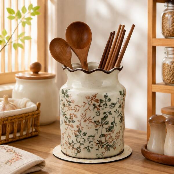 1PC Vintage Ceramic Kitchen Utensil Holder With Diatomite Absorbent Mat, Botanical Vine Floral Cooking Tool Crock For Chopsticks Spoons Spatulas, Farmhouse Countertop Storage Organizer For Kitchen Decor