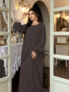 1pc Women's Daily Commute Versatile Abaya Dress With Drawstring Cuffs And Beaded Design, Suitable For Daily Outings And Friends Gatherings - Multicolor - View 10