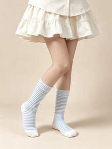 1/6 Pairs Fresh Macaron Color Thin Striped Minimalist Contrast Color Versatile Comfortable Mid-Calf Socks - Multicolor - View 18