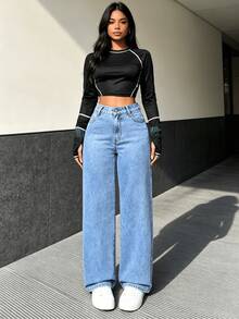 Pantalones vaqueros elásticos de talle alto para mujer - Vaqueros azules con lavado vintage, cierre de botones, bolsillos, aptos para todas las estaciones, talle alto - Lavado ligero - Ver 2