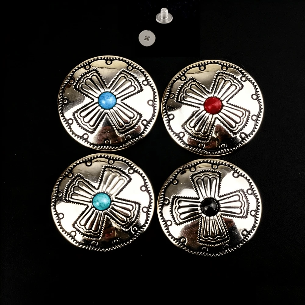 5Pcs Set Vintage Metal Cross Turquoise Inlaid Screw Rivet Hardware, Retro Cross Pattern Leather Craft Stud Fasteners, Screw On Leather Accessories For DIY Leather Crafts, Handmade Bags, Garment Leather Decor - Cross Turquoise Money Clip - View 1
