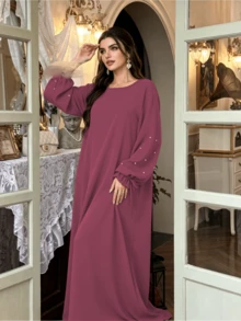 1pc Women's Daily Commute Versatile Abaya Dress With Drawstring Cuffs And Beaded Design, Suitable For Daily Outings And Friends Gatherings - Multicolor - View 5