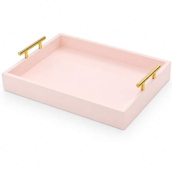 Soft Pink Decorative Tray With Polished Gold Metal Handles, Large Rectangular MDF Serving Tray For Entryway, Vanity, Ottoman, Dresser, And Home Decor, 16.5 X 12.25 X 3.25 In