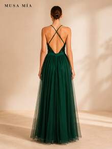 Dark Green Sequin Tulle Slit Maxi Evening Dress - 綠色 - 查看 5