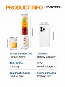 LEVIATECH 450ml 便攜式電動果汁機，搖搖杯設計，USB充電，多功能家用，配備2個小果汁杯，迷你無線果汁機，長電池壽命，適合廚房、居家和旅行水果攪拌機 - 白色 - 查看 4