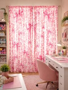 2 Panels Pink Bow Leopard Print Rod Pocket Curtains, Polyester Semi Sheer Light Filtering Privacy Window Drapes, Sweet Princess Style Girls Bedroom Home Decor Curtains - Multicolor 2 - View 7