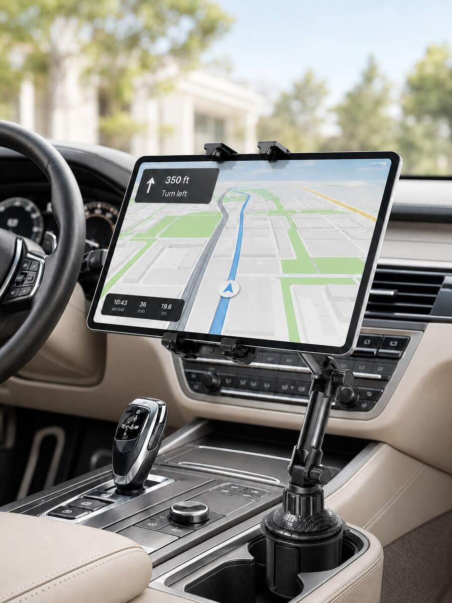 Universal Car Cup Holder Phone & Tablet Mount, Telescopic Rotating Cup Slot Navigation Stand With Spring Tension Clip, Anti-Slip & Anti-Vibration, Compatible With Smartphones, GPS And Tablets Up To 12 Inches, Car Interior Accessory