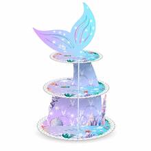 美人魚主題 3 層紙製蛋糕架，夢幻魚尾杯子蛋糕甜點展示架，女孩生日派對嬰兒周歲海洋主題桌面裝飾 - 彩色 - 查看 3