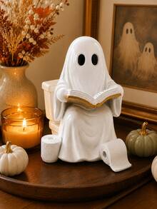 Funny Ghost Toilet Statue, Halloween Bathroom Decor, Resin Reading Ghost Figurine, Suitable For Toilet Tank, Countertop And Shelf, Cute Spooky Home Decor, Farmhouse Style Bathroom Ornament, Autumn Holiday Party Decoration, Novelty Gift For Women, Gothic Style Autumn Decor - A - View 1