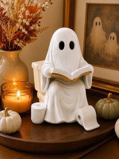 Statue de fantôme amusante pour les toilettes, décoration de salle de bain d'Halloween, figurine de fantôme lisant en résine, convient pour le réservoir des toilettes, le comptoir et l'étagère, décoration de maison mignonne et effrayante, ornement de salle de bain de style ferme, décoration de fête d'automne, cadeau original pour les femmes, décoration d'automne de style gothique