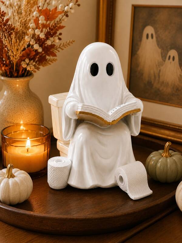 Funny Ghost Toilet Statue, Halloween Bathroom Decor, Resin Reading Ghost Figurine For Toilet Tank, Countertop & Shelf, Cute Spooky Home Accent, Farmhouse Bath Ornament, Autumn Holiday Party Decoration, Novelty Gift For Women, Gothic Fall Decor