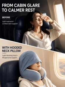Portable Memory Foam Travel Neck Pillow With Hood, Ice Silk Touch Cover, Adjustable Drawstring, Suitable For Airplane, Car, Train And Office Nap - Multicolor - View 2