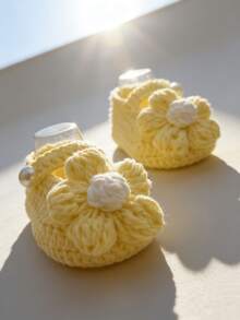 1雙手工製作嬰兒靴子，附雛菊花飾，鉤針編織鞋，嬰兒新生兒鞋 - 黃色 - 查看 4