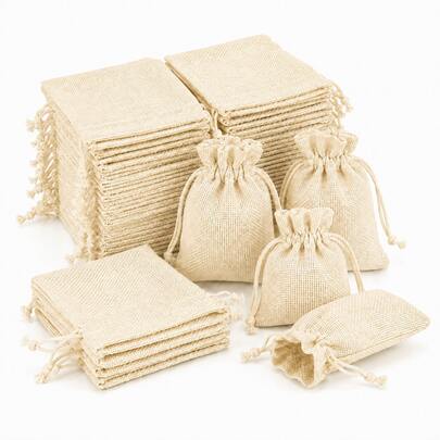 25/50/100pcs Drawstring Jute Bags, Burlap Gift Bags, DIY Wedding Favor Bags, Jewelry Packaging Bags, Small Packaging Bags, Small Business Supplies