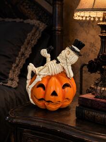 Figura de Esqueleto de Calabaza de Halloween, Esqueleto de Resina Único Recostado en una Calabaza con Cuervo Negro y Sombrero de Copa, Decoración Gótica de Mesa para Repisa, Estantería, Entrada y Fiesta de Halloween - 1PC - Ver 7