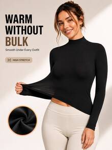 Women's Warm Base Layer Top, Solid Color Crew Neck Long Sleeve Shirt, Soft Elastic Slim Fit Second Skin Basic T-Shirt, Lightweight Outerwear Blouse, Autumn - Black - View 1