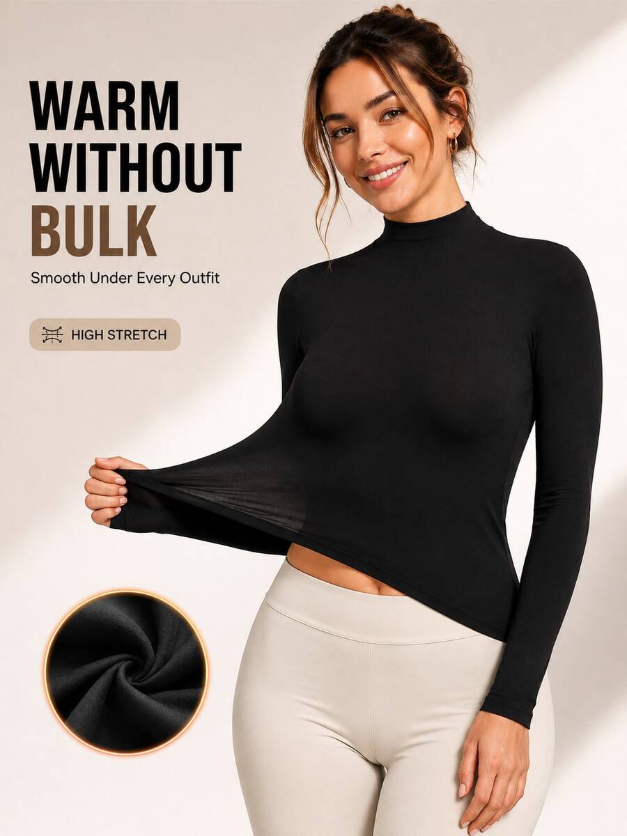 Women's Warm Base Layer Top, Solid Color Crew Neck Long Sleeve Shirt, Soft Elastic Slim Fit Second Skin Basic T-Shirt, Lightweight Outerwear Blouse, Autumn - Black - View 1