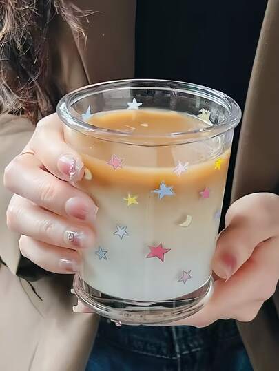 1 Stück Glasbecher mit Stern- & Mondmuster, Kaffeetasse, Espressotasse, Milchteetasse, Getränke-Wasser-Kaffee-Glas, moderner Glasbecher, geeignet für Zuhause, Wasserbar, Restaurant, Geschenk für Freund/Freundin, Valentinstag Geschenkbecher