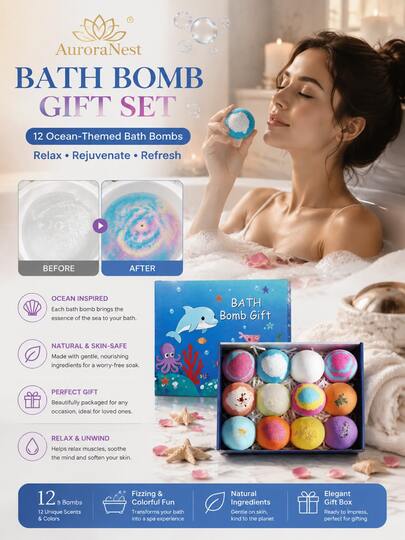 12Pcs Natural Bath Bombs, 2026 Upgrade Play Fizz Bath Bombs Gift Set With 12 Different Fragrances, Ocean Theme Bath Fizzies, Sea Salt Color Changing Spa Easter Bath Balls, Christmas Gifts