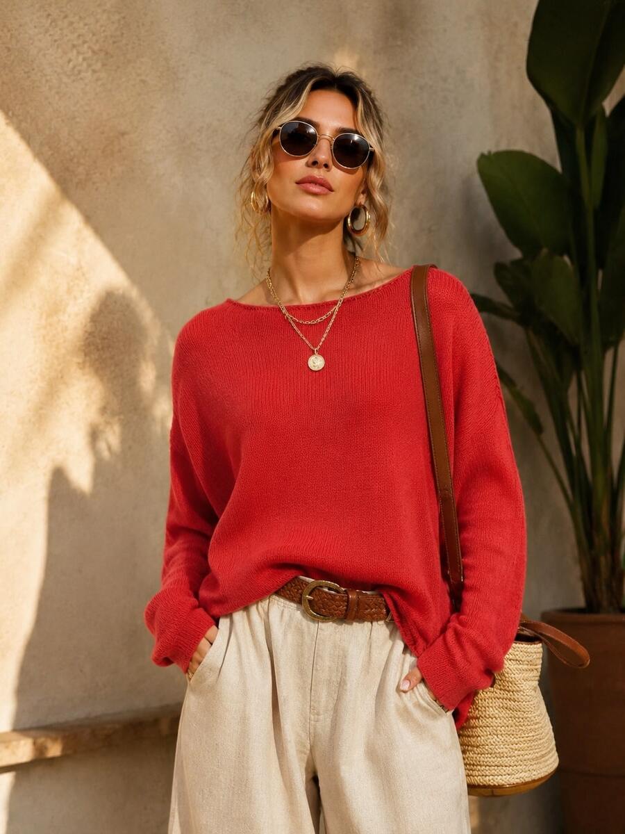 Plus Size Women's Soft Round Neck Sweater, Vintage Fresh, Solid Color Casual Minimalist Versatile, Lightweight Knit Fabric For Summer And Autumn Red