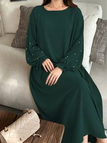 1pc Women's Daily Commute Versatile Abaya Dress With Drawstring Cuffs And Beaded Design, Suitable For Daily Outings And Friends Gatherings - Multicolor - View 36