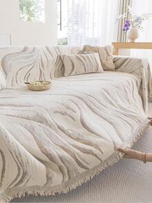 1pc Minimalist Neutral Beige Marble Wave Chenille Sofa Throw, With Tassel Edge, Abstract Texture Sofa Cover Blanket, Non-Slip All-Season Universal Sofa Slipcover, Pet-Friendly Machine Washable Furniture Protector, Living Room Home Decor - Khaki - View 9