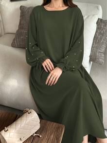 1pc Women's Daily Commute Versatile Abaya Dress With Drawstring Cuffs And Beaded Design, Suitable For Daily Outings And Friends Gatherings - Multicolor - View 30