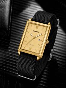 1PC Men's Black Nylon Strap Square Dial Quartz Watch, Business Quartz Watch, Gold Classic Rectangular Dial, Date Window Minimalist Retro Wristwatch, Suitable For Daily Commute And Gift Giving - Gold - View 3