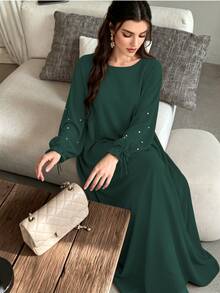1pc Women's Daily Commute Versatile Abaya Dress With Drawstring Cuffs And Beaded Design, Suitable For Daily Outings And Friends Gatherings - Multicolor - View 21