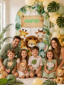 Customizable Multi-Size Jungle Animal Square Birthday Backdrop Arch Stand, Personalized Name And Text, Fresh Green Leaf Cartoon Animal Pattern, Suitable For Baby Boy First Birthday Party, Little Boy Theme Birthday Party Decoration, Floor-Standing Arch Stand Easy To Install, Can Be Used In Home Yard, Hotel Indoor Scenes, Soft Visuals For Great Photos, Creating A Cute And Healing Jungle Theme Birthday Atmosphere - Multicolor - View 5