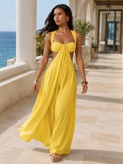 Mono elegante de pierna ancha con aberturas para mujer, conjunto de fiesta y resort amarillo sin mangas con espalda descubierta y drapeado