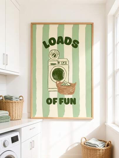 Mint Green And White Striped Laundry Room Decor Art, Vintage Wall Poster Featuring Fun Washing Machine And Laundry Basket Design With "Endless Fun" Text, Suitable For Laundry Room, Bedroom Or Living Room