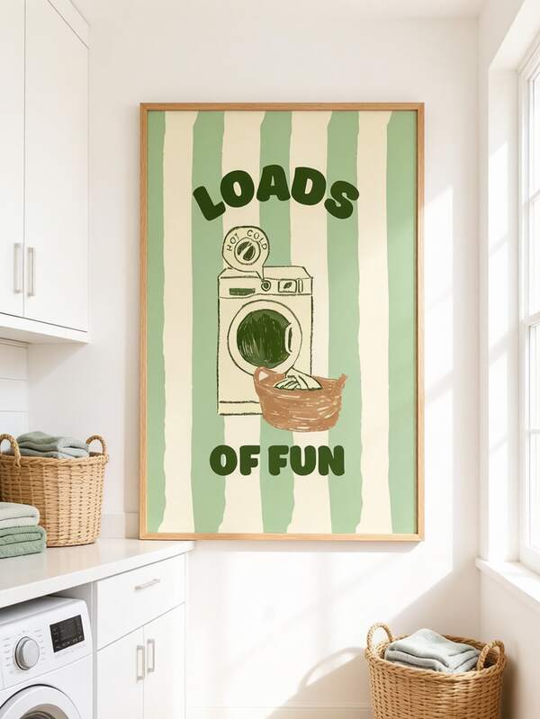 Mint Green And White Striped Laundry Room Decor Art, Vintage Wall Poster Featuring Fun Washing Machine And Laundry Basket Design With "Endless Fun" Text, Suitable For Laundry Room, Bedroom Or Living Room