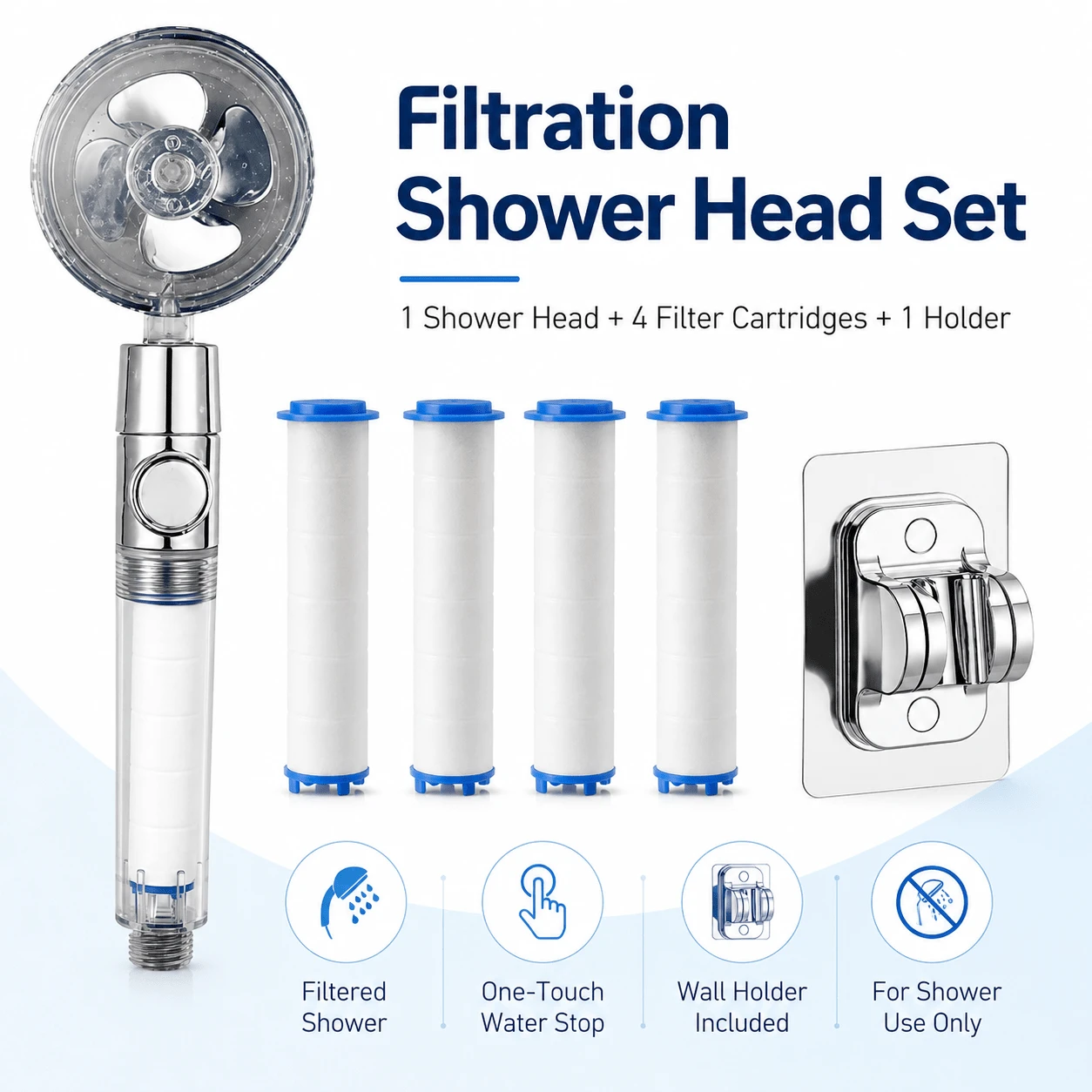 Turbo Wind Shower Head Set With 4 Replacement Filter Cartridges, High Pressure Filtration Handheld Shower Head, Water-Saving Bathroom Shower Accessory, Suitable For Home, Dorm, Apartment - Multiple Styles - View 1