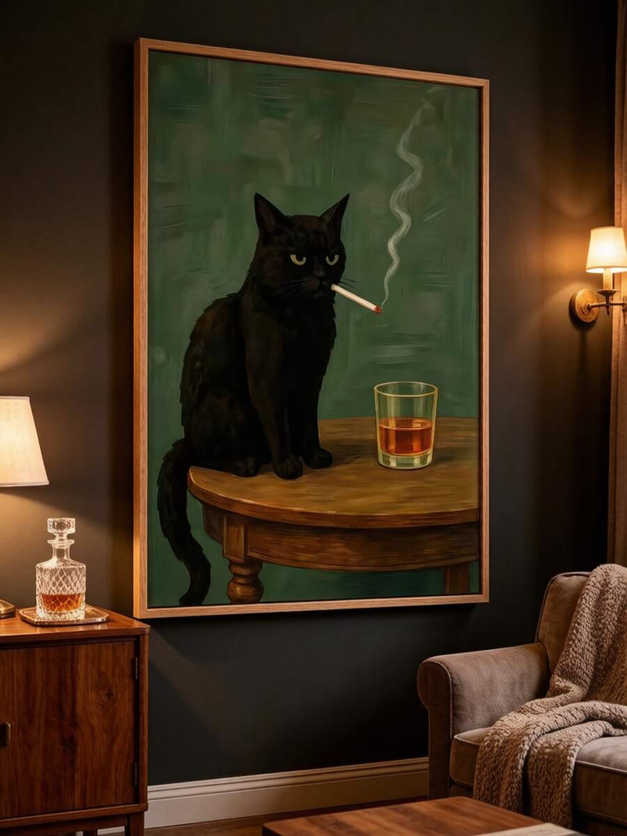 1幅忧郁黑猫海报 - 吸烟猫威士忌帆布画 - 防水帆布墙画 - 礼品艺术墙饰,适用于客厅、卧室、浴室、办公室、走廊、厨房 - 彩色 - 查看 1