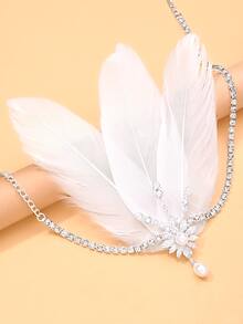 1pc 1920s Flapper 3 White Feather Headband With Rhinestone & Pearl Dangle Pendant, Gatsby Women's Evening Party Headpiece - Rhinestones - View 9