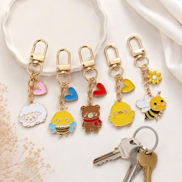 1/5pcs Cute Enamel Animal Keychain With Gold-Tone Swivel Clasp, 5 Styles, Cartoon Bag Charm For Keys, Handbags, Backpacks & Daily Gifts