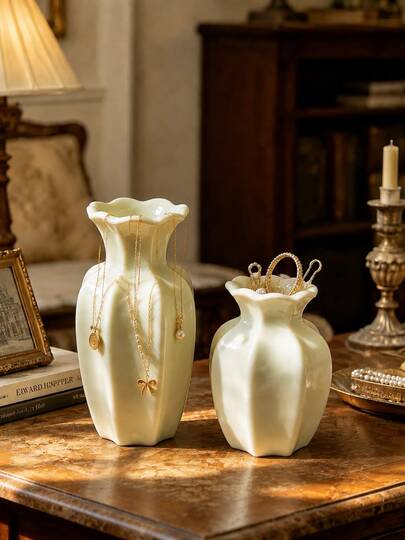Cream Ruffled Mouth Decorative Storage Vase, Multi-Purpose Desktop Jewelry Necklace Hairpin Organizer, French Vintage Style Tabletop Cosmetic Small Accessories Display Holder Home Decor
