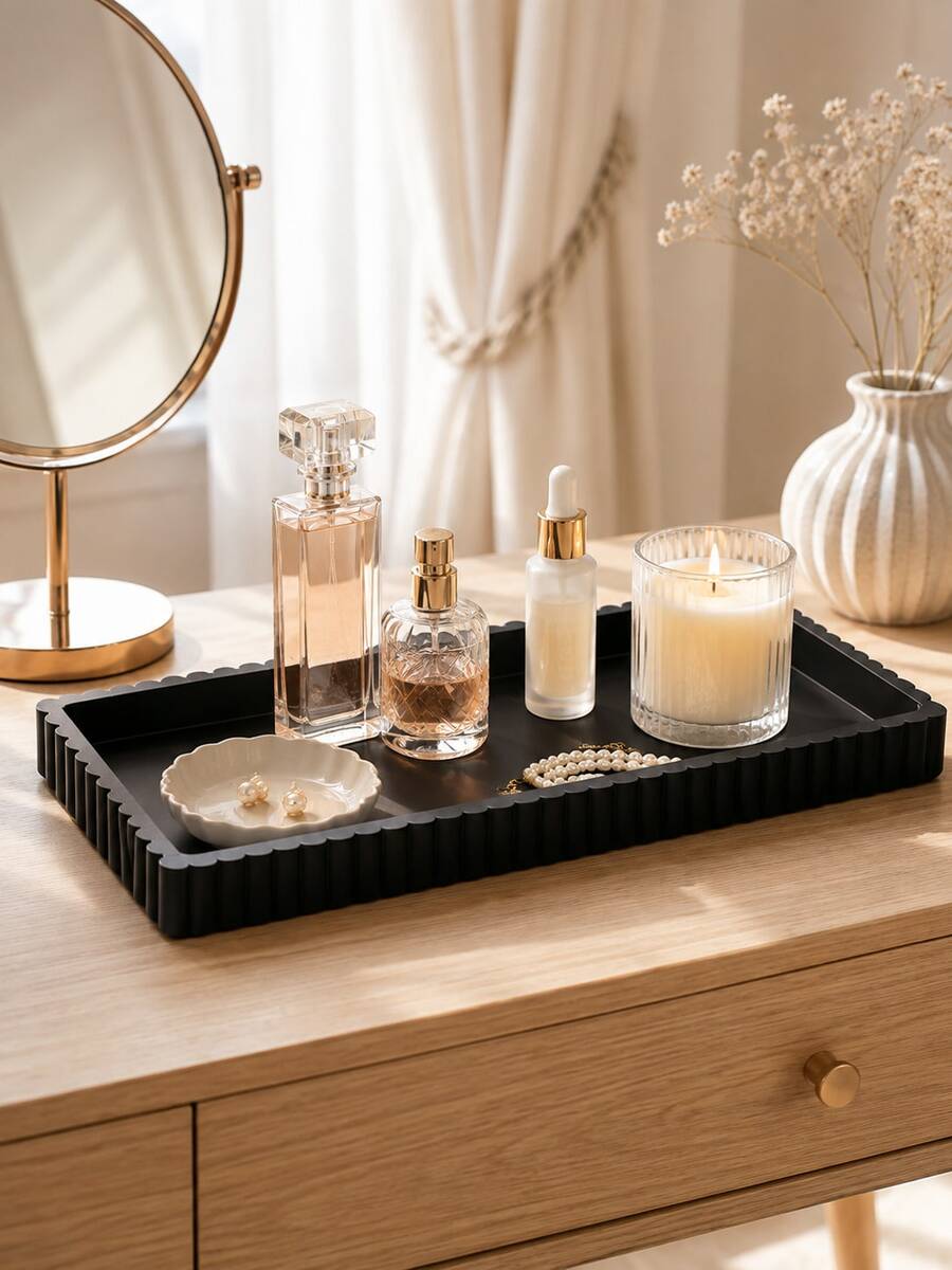 1pc Black Rectangular Storage Tray, Minimalist Ribbed Edge Vanity Organizer, Decorative Desktop Storage Rack, Suitable For Candles, Fragrance, Jewelry, Aromatherapy Diffuser And Home Decor, Bathroom, Vanity Storage, Room Decor, Jewelry Storage, Women's Gift - Multiple Styles - View 1